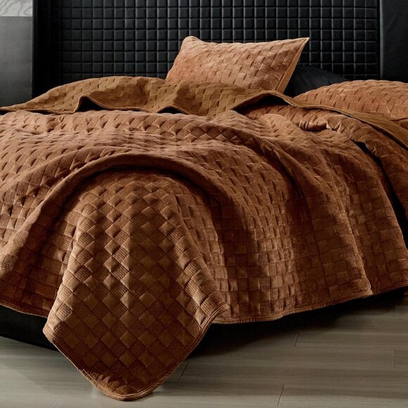 Velvet Quilt Set Terracotta Copper Brown‎ Textured Modern Luxury Bedding - Picture 2 of 5